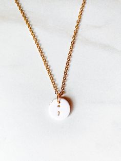 This necklace is a great way to  be mindful. 'Selah' is a word used to denote a pause, or a moment to reflect. Much like the semicolon. Use this necklace as a reminder to take time to pause in your day - to reflect on the good and be grateful in the midst of the hectic moments of your day to day. Chain length = 15 inches. If you would like a longer chain, please send a message after you order. If you are looking for initial necklaces, check out our other listing here: https://alittleselah.etsy.c Letter Charm Necklace, Gold Letter, Letter Charm, Polymer Clay Necklace, Clay Necklace, Chain Gold, Letter Charms, Gold Letters, Steel Chain