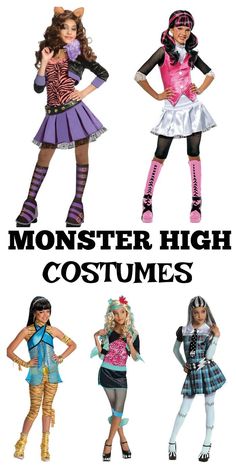 three girls dressed up in monster high costumes with text overlay that reads, monsters high costumes