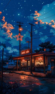 a painting of a cafe at night with clouds in the sky and stars above it