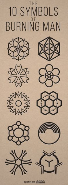 the 10 symbols of burning man are shown in black and white on a beige background