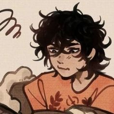 a drawing of a boy with black hair and an orange shirt sitting on a couch