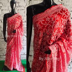 Nibs Tog Red Chikankari Saree Georgette for Women Full work embroidery with Blouse, FREE Body Shaper Key Features: 1. Exquisite Chikankari embroidery covering the entire saree 2. Georgette fabric for a graceful and lightweight drape 3. Comes with a matching blouse for a complete ensemble 4. Intricate hand embroidery showcases traditional craftsmanship 5. Perfect for special occasions, weddings, and festive celebrations 6. A FREE Body Shaper will be included along with the Saree 7. Customized Stitching option available for Blouse Features: Fabric: The Lucknowi Saree is made of Premium Faux Georgette fabric which is super soft & comfortable in wearing. The blouse is also of same Georgette fabric of the same colour to saree. A Petticoat will be added for FREE of cost. You can choose either Bo Chikankari Saree Georgette, Lucknowi Saree, Chikan Saree, Chikankari Saree, Saree Georgette, Chikankari Embroidery, Lucknowi Chikankari, Georgette Fabric, Body Shaper