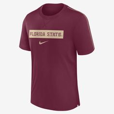 Featuring an official team look, the Florida State Seminoles Sideline Player T-Shirt combines sweat-wicking technology and soft tri-blend fabric to help provide you with a comfortable game-day experience. Nike Short Sleeve Tops For Team Events, Nike Sporty Tops For Team Events, Nike Team Name Tops For Team Events, Nike Tops With Team Name For Team Events, Nike Crew Neck Activewear For Sports Events, Collegiate Tops With Logo Print For Team Events, Nike Casual Tops For Team Events, Casual Nike Top For Team Events, Nike Moisture-wicking Tops For Team Events