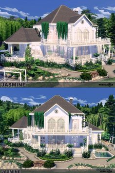 two renderings of a large white house in the middle of some trees and bushes