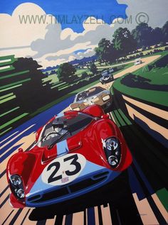 a painting of two race cars driving down a track with trees and grass in the background