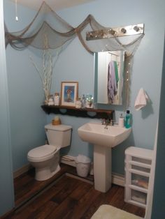 a bathroom with blue walls and wood floors