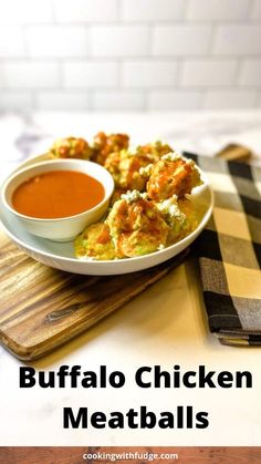 buffalo chicken meatballs on a plate with dipping sauce