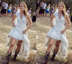 a woman in a white dress and cowboy boots