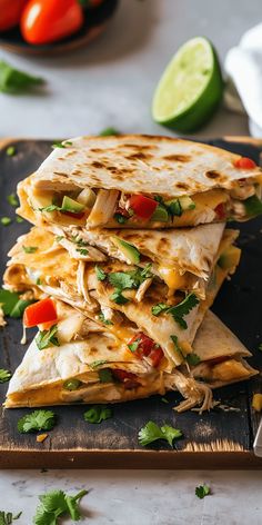 three quesadillas stacked on top of each other with tomatoes and cilantro