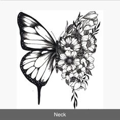 a black and white drawing of a butterfly with flowers