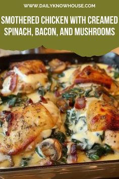 some chicken with creamed spinach, bacon and mushrooms in a pan on the stove