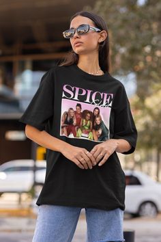 If you're looking for a classic, comfy and stylish tee - you've come to the right place. Step back in time with this spice girl-inspired vintage t-shirt, a tribute to the ultimate girl group and a credit to any 90's girl wardrobe. Made from soft and durable high-quality cotton, this tee is perfect for everyday wear, whether you're running errands or tackling a gym sesh. Featuring taped shoulders and no side seams for optimal comfort, pair it with denim and chunky sneakers for a nostalgic 90's-in Early 2000s Clothes, 90s Party Outfit, Pop Culture Fashion, 90s Inspired Outfits, 2000s Clothes, Early 2000s Fashion, Outfit 90s, 90s Nostalgia, Girls Wardrobe