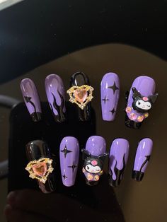 Kuromi Inspired Handmade Press on Nails Cartoon Cute Nails Etsy Kuromi Inspired Nails, Nails Kuromi, Kuromi Nails, Nails Emo, Nails Cartoon, Nails Coquette, Nails Images, Nails Toes, Star Nail Designs