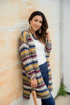 Multi Color Striped Cardigan - $42.00 -        - Betsey's Boutique Shop Casual Multicolor Cardigan For Layering, Multicolor Stretch Sweater For Fall, Fall Multicolor Stretch Sweater, Multicolor Soft Knit Cardigan For Fall, Fall Multicolor Soft Knit Cardigan, Stretch Cotton Cardigan For Fall, Multicolor Cotton Cardigan For Layering, Multicolor Sweater For Fall Layering, Multicolor Fall Sweater For Layering