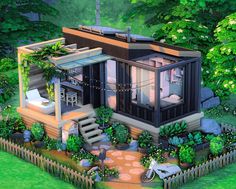 an artist's rendering of a small house in the middle of a garden area