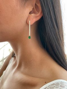 Silver 925 Tennis Earring, Teardrop Falling Earring, 14k Gold Drop Earrings, Emerald Green Tennis Earrings, Pear CZ Long Eavning Earrings Our pieces of jewelry are made with 925 Sterling silver, and you have the option to have it it in Silver, Gold or Rose Gold color. All jewelry are handmade designed with meticulous workmanship and artistry. Match our jewelry with your personality and stand-out from the rest. Be different, be unique, be elegant with MI ALMA FASHION JEWELRY. ♥ ► FEATURES: * Ster Green Teardrop Earrings With Prong Setting, Elegant Green Linear Earrings As Gift, Green Teardrop Diamond Earrings Gift, Fine Jewelry Single Teardrop Linear Earring, White Gold Teardrop Earrings For Gift, Long Drop Earrings With Prong Setting As Gift, Long Drop Earrings With Prong Setting For Gift, Pierced Teardrop Linear Earrings For Anniversary, Long Drop Prong Set Earrings For Gift