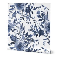 a blue and white floral wallpaper with leaves