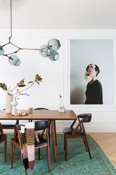 two photos of a dining room with chairs and a table in the foreground is an image of a woman's face