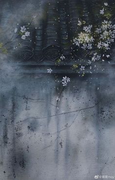 an abstract painting with white flowers in the middle and black paint on the bottom part of it