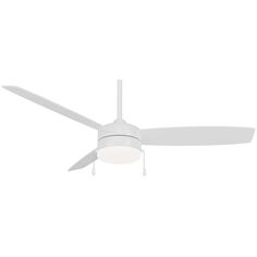 a white ceiling fan with a light on the top and two blades attached to it