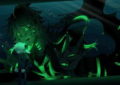 an animated image of a woman with green hair standing in front of a giant monster