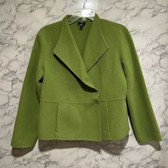 Eileen Fisher Green Wool/Cashmere Long Sleeve Jacket Eileen Fisher Lagenlook Artsy Very Stylish And Elegant Green Cashmere/Wool Blend Long Sleeve Jacket With Two Side Pockets. Size Pm Worn Once Fitted Cashmere Outerwear For Spring, Fitted Spring Cashmere Outerwear, Green Wool Cardigan For Spring, Spring Cashmere Wool Coat For Work, Elegant Cashmere Outerwear For Spring, Long Sleeve Jacket, Green Wool, Sleeve Jacket, Cashmere Wool