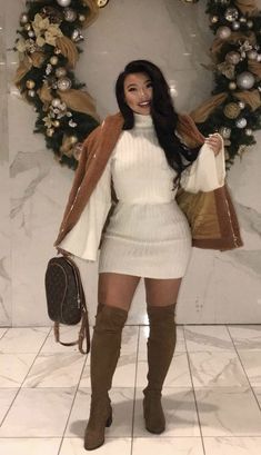 Thanksgiving Outfit Thigh High Boots, 35th Birthday Outfits For Her, 21st Birthday Winter Outfit, Cute Brunch Outfits Winter, Brown Thigh High Boots Outfit, January Birthday Outfit Ideas, Winter Dinner Outfit Dressy, Dinner Outfits Ideas, Fall Outfits For Black Women