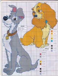 a cross stitch chart with two dogs sitting next to each other, one is yellow and the other is gray