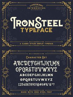 the iron steel typeface font and numbers are in gold, black, and white