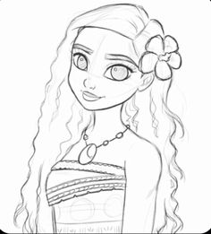 a drawing of a girl with long hair and a flower in her hair, wearing a dress