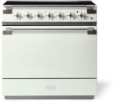 a white stove with four burners and two oven doors on each side, in front of a white background