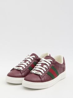 Gucci Ace sneakers in red Ancora leather with green and red Web. They feature lace-up closure, "ACE" metal plate and rubber sole. Any leather imperfections are not to be considered manufacturing defects, but a peculiarity of the material.Height: 3cmUK size.Size nationality: UKGender: MenMaterial: 100% LEATHERColor: REDMade in: ITProduct ID: 7965221 757892 AADSP 6247*Import tax/duty will be calculated at checkout (If applicable) Gucci Ace Sneakers, Red Web, Contour Kit, Mens Designer Shoes, Messenger Bag Backpack, Loafer Mules, Boot Pumps, Metal Plate, Green And Red