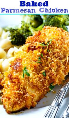 a white plate topped with pasta and chicken next to broccoli covered in sauce