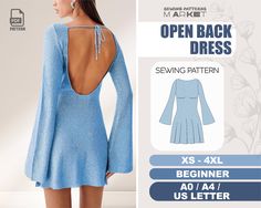 an open back dress sewing pattern is shown