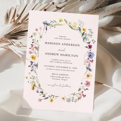 Elegant Wildflower Meadow Blush Pink Wedding Editable Blank Template Rustic Wildflower Wedding, Cream Wedding Invitations, Floral Themed Wedding, Blush Pink Wedding Invitations, Meadow Wedding, Elegant Floral Wedding, Blush Pink Wedding, Watercolor Wildflowers