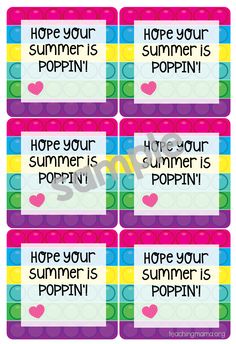 four colorful labels with words that say hope your summer is poppin'and have hearts on them