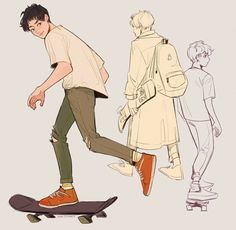 a man riding a skateboard next to another person