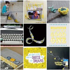 a collage of photos with yellow and blue accents, including an old typewriter