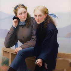 two women are sitting on a bench and one is holding a cell phone to her ear