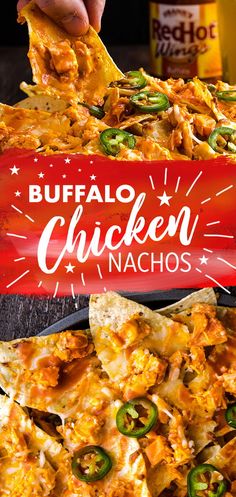 the buffalo chicken nachos are ready to be eaten