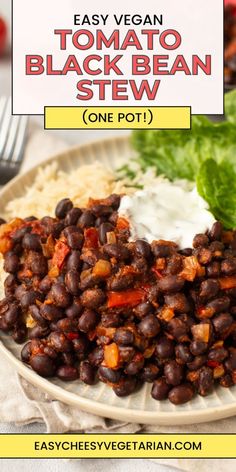 easy vegan tomato black bean stew on a plate with rice and lettuce