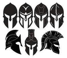 spartan helmet silhouettes are shown in black and white