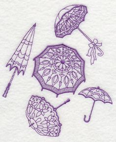 three umbrellas are shown in purple ink on white paper, and one has an intricate design