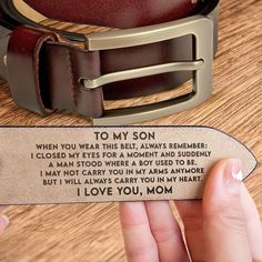 Celebrate the special men in your life with our Personalized Engraved Leather Belt. This custom belt is more than just an accessory; it's a heartfelt gesture that adds a personal touch to every outfit. Crafted from genuine leather, this engraved belt makes for a timeless and durable piece. The custom engraving allows you to add a personal message or a special date, making it an ideal anniversary or Valentine's Day gift. Whether it's for your husband, boyfriend, father, son, or grandson, this per Leather Belt Crafts, To My Son, Custom Belt, Leather Passport Cover, I Carry, Belt Design, Father Son, Heart Gifts, Passport Cover