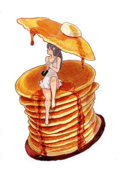 a woman sitting on top of a stack of pancakes with syrup pouring over it and an umbrella above her head