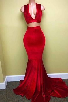 Prom Dresses 8th, Prom Dresses 8th Grade, Two Piece Formal Dresses, Plunging Neckline Dress, Short Red Prom Dresses, Prom Dress With Train, Hi Low Dress, Prom Dresses Simple, Prom Dresses Long Mermaid