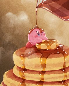 a stack of pancakes with syrup being poured on top and a pink pig sticking out of it