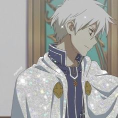 an anime character with white hair wearing a blue and white outfit, standing in front of a door