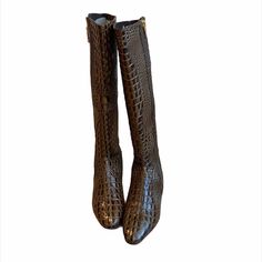 Genuine Leather Boots In A Crocodile Pattern. The Zipper Isn’t Super Smooth - Needs Some Lubricant To Slide Better Crocodile Tall Boots, Genuine Leather Boots, Crocodile Print, Crocodile Pattern, Brown Leather Boots, Lubricant, Printed Leather, Brown Boots, Leather Boots