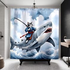 a cat riding on top of a shark with a fishing rod in its mouth shower curtain